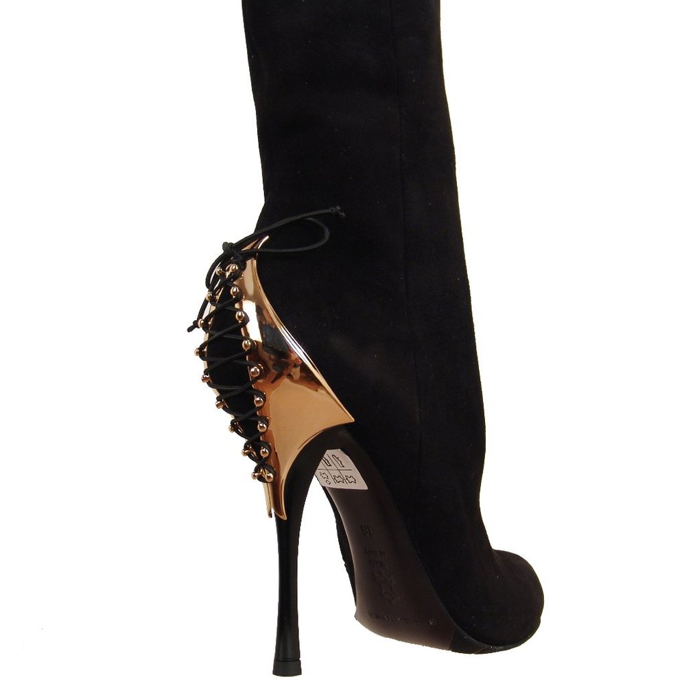 $2000.00 Gianmarco Lorenzi Black Suede Stiletto Boots Italian Womens Shoes